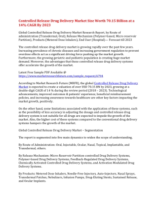 Controlled Release Drug Delivery Market Size Worth 70.15 Billion at a 14% CAGR By 2023