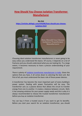 How Should You Choose Isolation Transformer Manufacturer