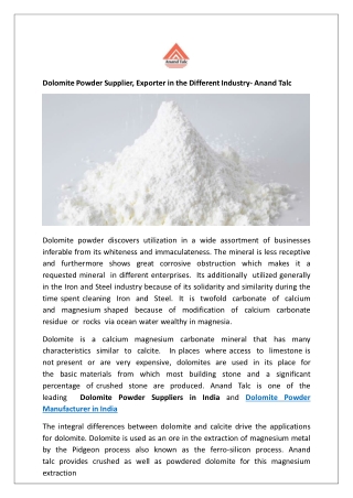 Dolomite Powder Supplier, Exporter in the Different Industry- Anand Talc