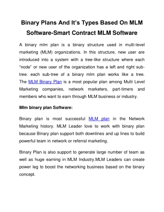 Binary Plans And It’s Types Based On MLM Software-Smart Contract MLM Software