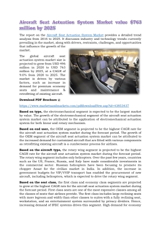 Aircraft Seat Actuation System Market value $763 million by 2025