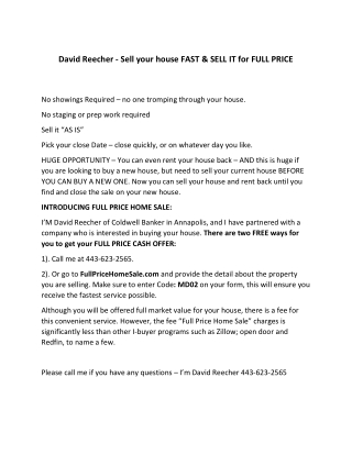 David Reecher - Sell your house FAST & SELL IT for FULL PRICE