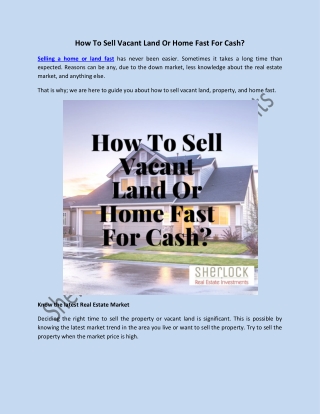 How To Sell Vacant Land Or Home Fast For Cash