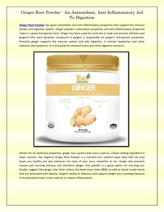 Ginger Root Powder - An Antioxidant, Anti-Inflammatory Aid To Digestion