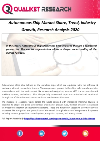 Autonomous Ship Market Share, Trend, Industry  Growth, Research Analysis 2020