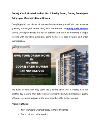 Godrej Properties Announce Godrej Vashi In Navi Mumbai