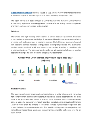 Global Wall Oven Market size was valued at US