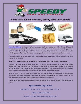 Same Day Courier Services by Speedy Same Day Couriers