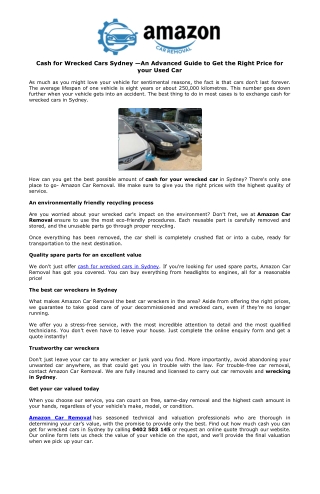 Cash for Wrecked Cars Sydney —An Advanced Guide to Get the Right Price for your Used Car