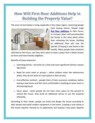 How Will First floor Additions Help in Building the Property Value?