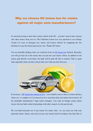 Why we choose OC lemon law for claims against all major auto manufacturers?