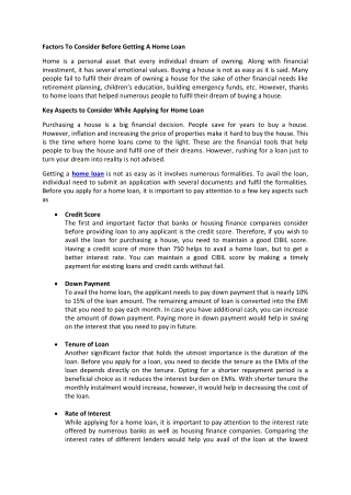 Factors To Consider Before Getting A Home Loan