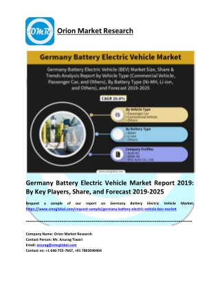 Germany Battery Electric Vehicle Market Share 2019: Trends, Key Players, Industry Analysis Report to 2025