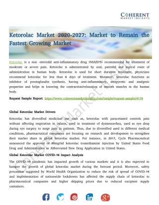 Ketorolac Market 2020-2027: Market to Remain the Fastest Growing Market