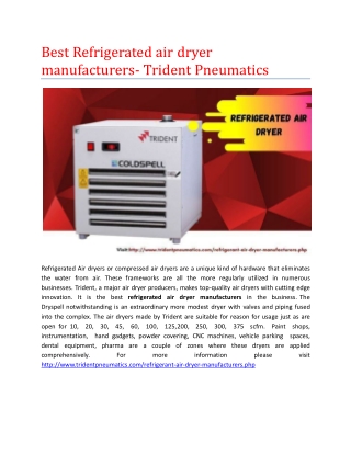 Best Refrigerated air dryer manufacturers- Trident Pneumatics
