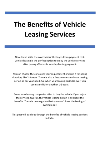 The Benefits of Vehicle Leasing Services