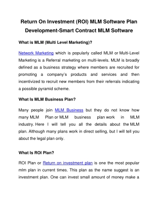 Return On Investment (ROI) MLM Software Plan Development-Smart Contract MLM Software