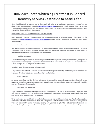 How does Teeth Whitening Treatment in General Dentistry Services Contribute to Social Life?