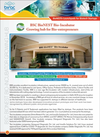 BSC BioNEST Bio- Incubator Growing hub for Bio-entrepreneurs