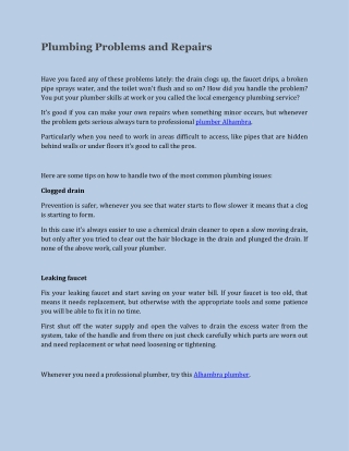 Plumbing Problems and Repairs