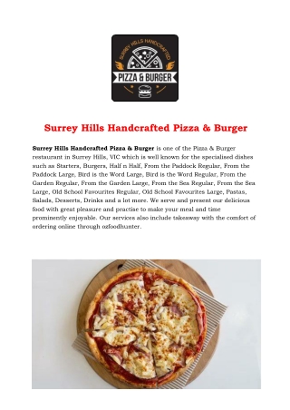 5% off - Surrey Hills Handcrafted Pizza & Burger Menu, VIC