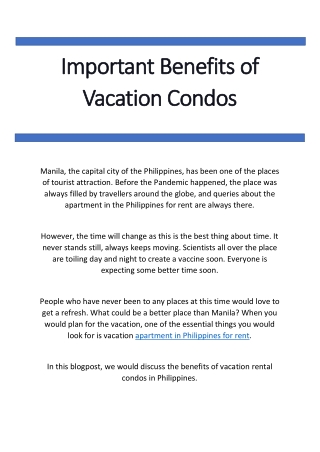 Important Benefits of Vacation Condos