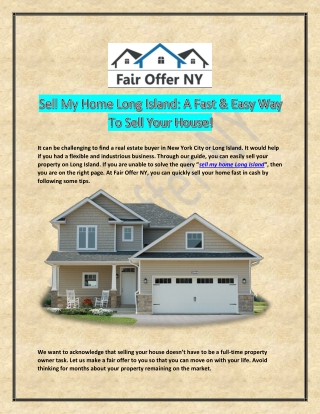 Sell My Home Long Island With Fast Cash | Fair Offer NY