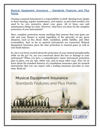 Musical Equipment Insurance - Standards Features and Plus Points