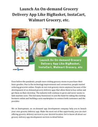 Launch An On-demand Grocery Delivery App Like BigBasket, InstaCart, Walmart Grocery, etc