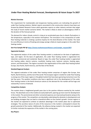 Under Floor Heating Market Insights, Growth Analysis, Forecast to 2027