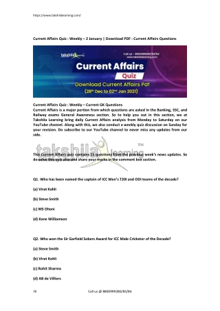 Current Affairs Quiz Weekly - 2 January 21 | Current Affairs Questions