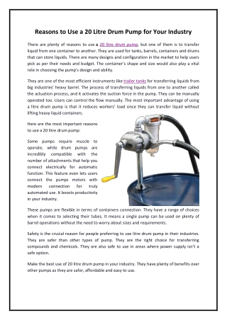 Reasons to Use a 20 Litre Drum Pump for Your Industry