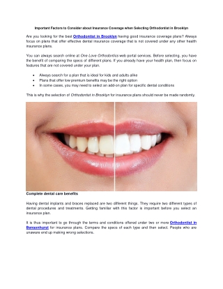 Important Factors to Consider about Insurance Coverage when Selecting Orthodontist in Brooklyn