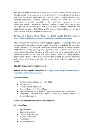 Global Specialty Chemicals Market  Size, Industry Trends, Share and Forecast 2020-2026