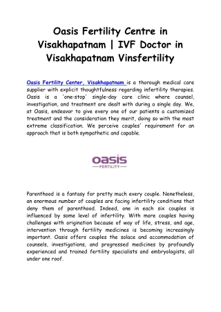 Oasis Fertility Centre in  Visakhapatnam | IVF Doctor in Visakhapatnam Vinsfertility