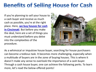 Benefits of Selling House for Cash