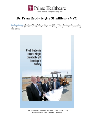 Dr. Prem Reddy To Give $2 Million To VVC