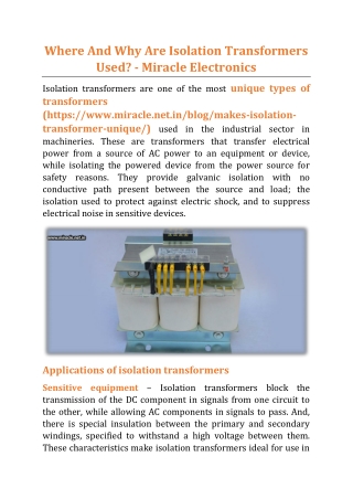 Where And Why Are Isolation Transformers Used - Miracle Electronics