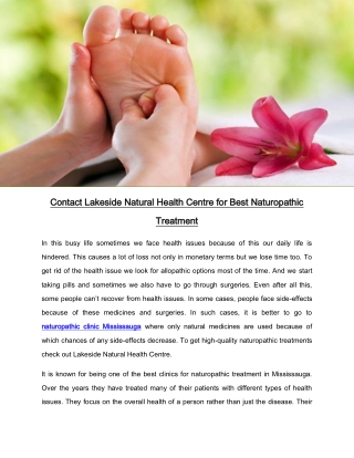 Contact Lakeside Natural Health Centre for Best Naturopathic Treatment