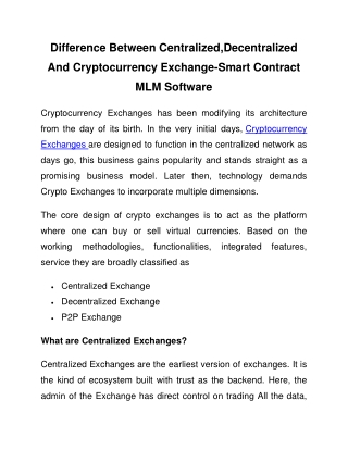 Difference Between Centralized,Decentralized And Cryptocurrency Exchange-Smart Contract MLM Software