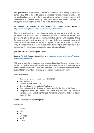 Global Textile Market 2020 : By Key Players, Application, Type, Market Share, Forecast to 2026