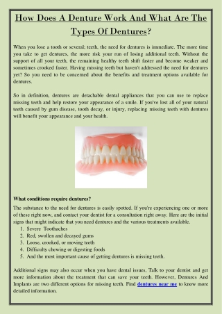 How Does A Denture Work And What Are The Types Of Dentures?