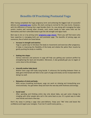 Benefits Of Practising Postnatal Yoga