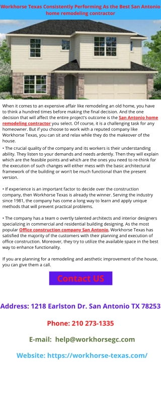 Workhorse Texas Consistently Performing As the Best San Antonio home remodeling contractor