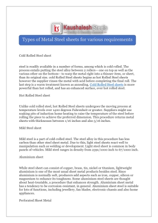 Types of Metal Steel sheets for various requirements
