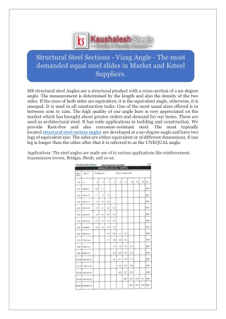 Structural Steel Sections - Vizag Angle - The most demanded equal steel slides in Market and Ksteel Suppliers.