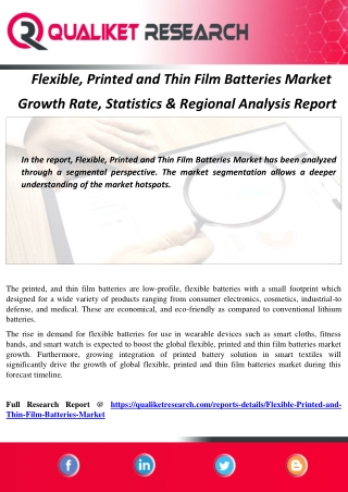 Flexible, Printed and Thin Film Batteries Market  Growth Rate, Statistics & Regional Analysis Report