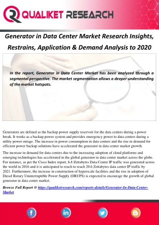 Generator in Data Center Market Research Insights, Restrains, Application & Demand Analysis to 2020