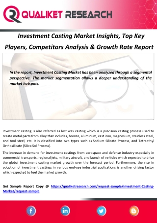 Investment Casting Market Insights, Top Key  Players, Competitors Analysis & Growth Rate Report