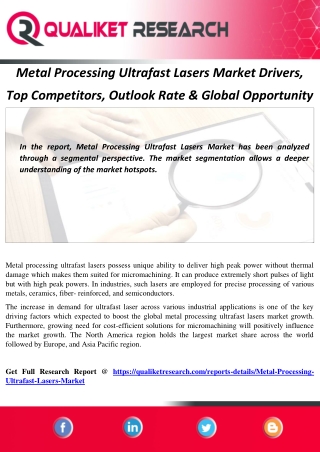 Metal Processing Ultrafast Lasers Market Drivers, Top Competitors, Outlook Rate & Global Opportunity